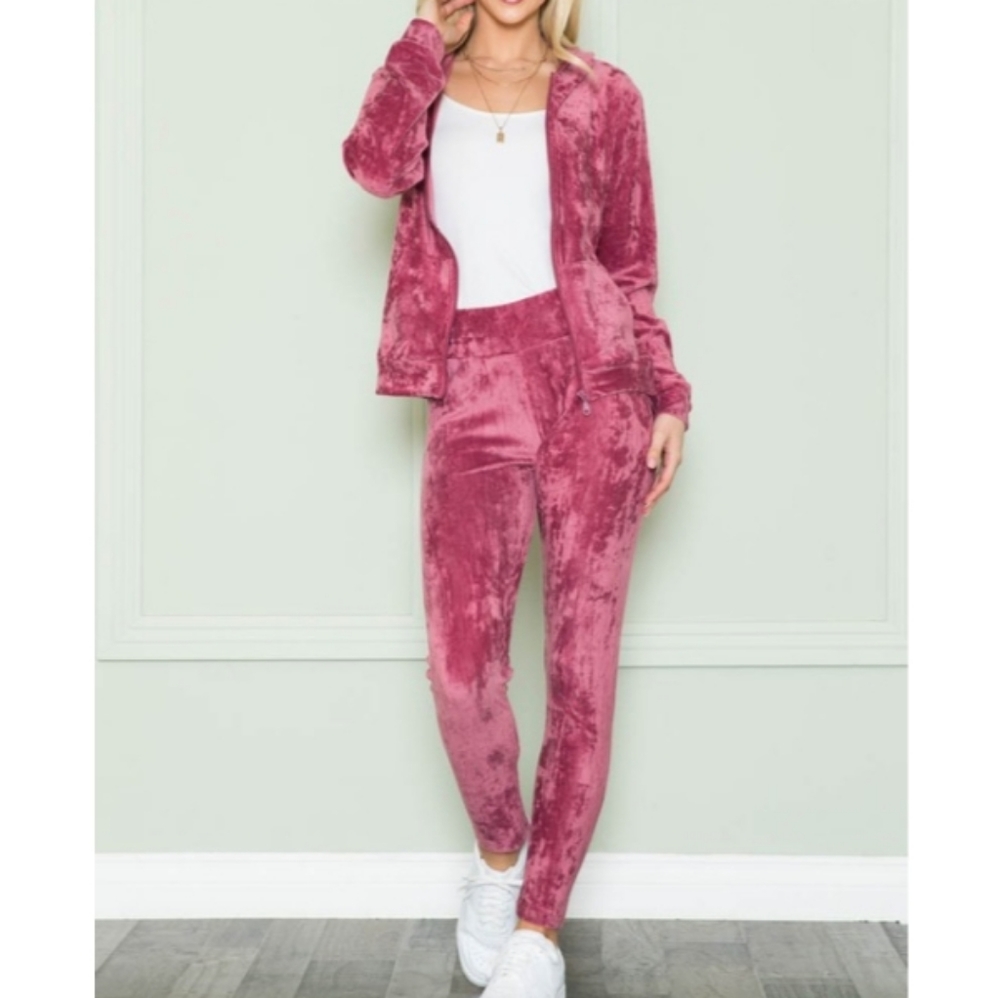 Zip Hoodie Velour Track Suit Set- Burgundy/Pink - Picture 3 of 8